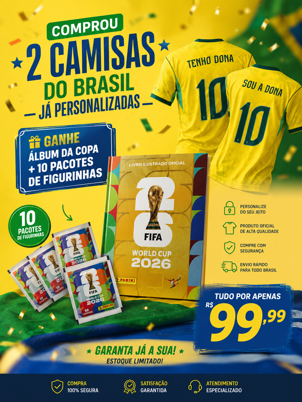 2 camisas Brasil PERSONALIZADA + Álbum da Copa 2026 + 10 pacotes de figurinha