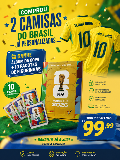 2 camisas Brasil PERSONALIZADA + Álbum da Copa 2026 + 10 pacotes de figurinha